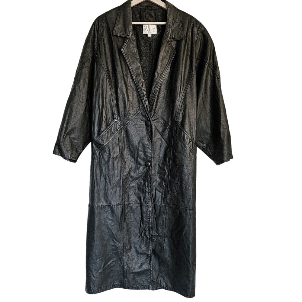VTG Winlit Leather Trench Medium retro goth vamp 80s black
